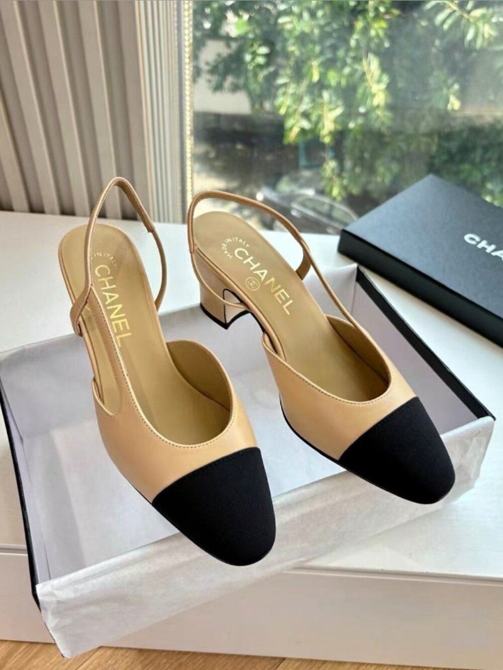 CHANEL Canvas Cap Toe Leather Slingback Heels